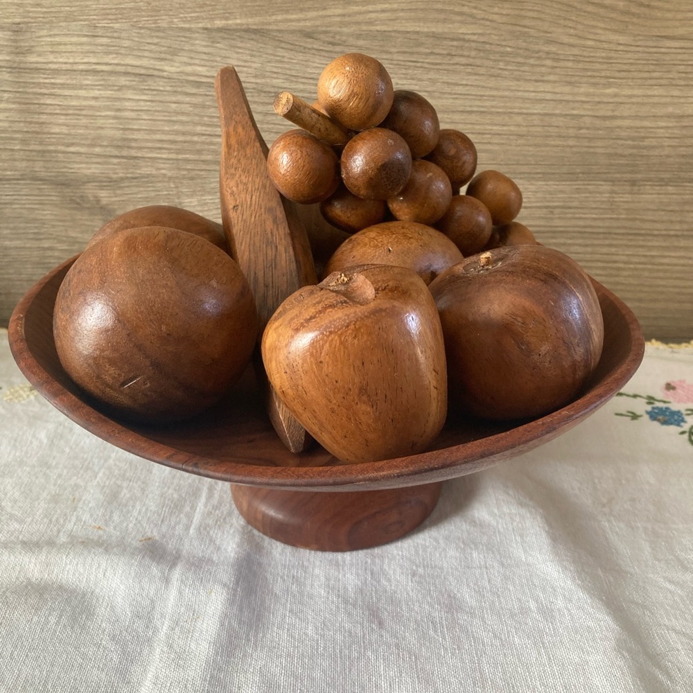 Vintage MCM Wooden Fruit with Pedestal Bowl